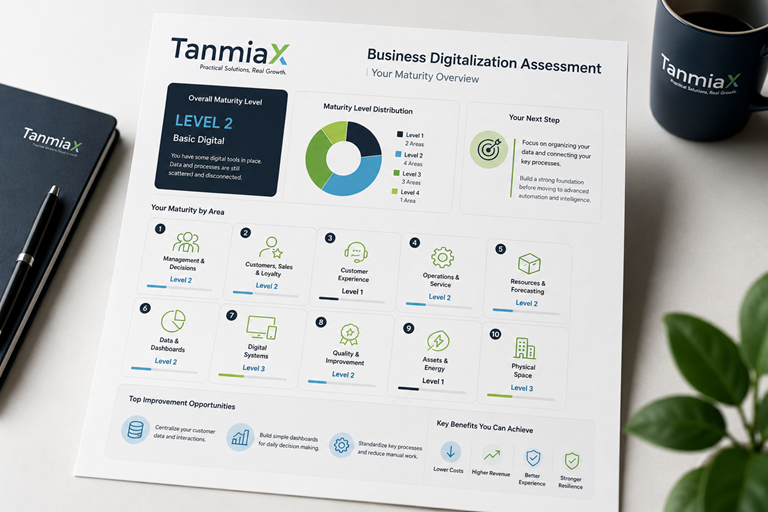 TanmiaX business digitalization assessment report preview with maturity levels and recommended next steps